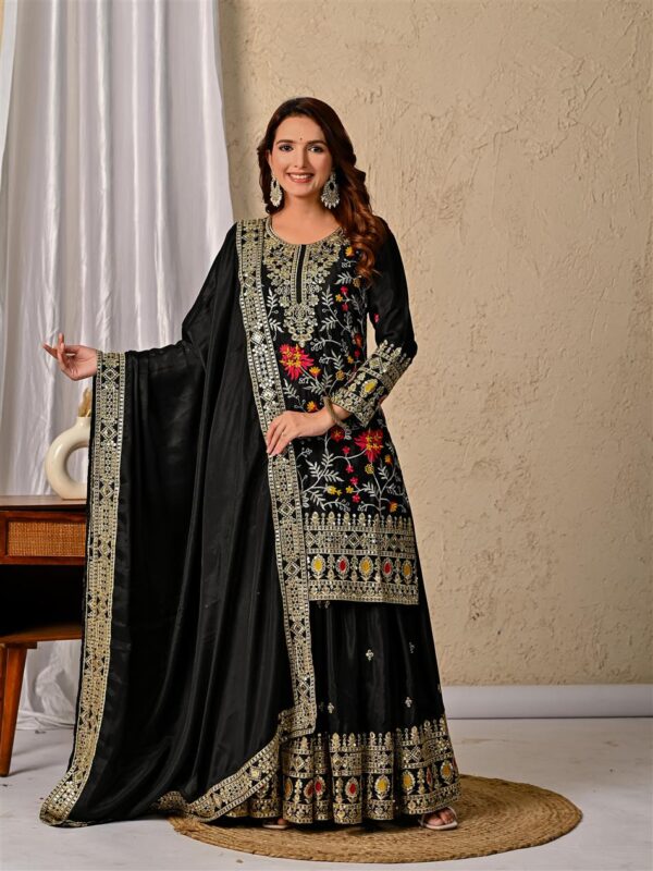 Chinon Silk Embroidered Top with Sharara Plazzo and Dupatta - Image 3