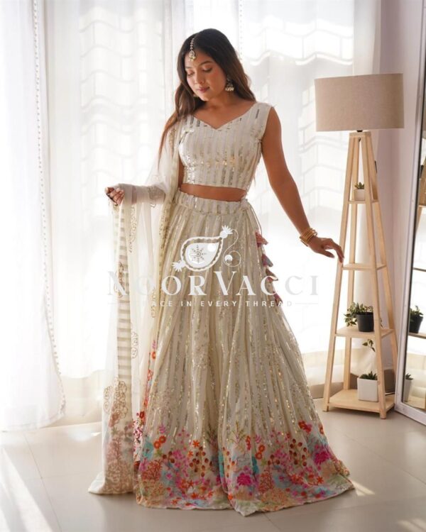 Shop Faux Georgette Thread & Sequin Embroidered Lehenga Choli Set with Dupatta - Image 4
