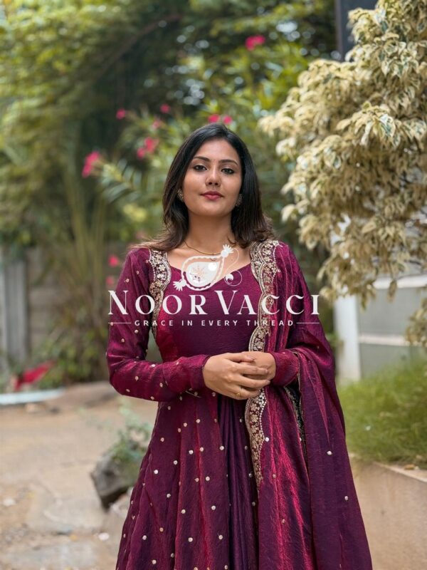 Shop Fandy Silk Embroidered Gown with Bottom and Dupatta - Image 2