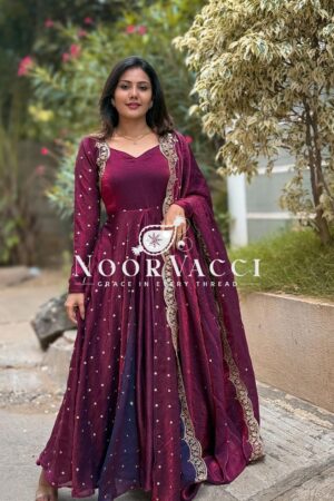 Shop Fandy Silk Embroidered Gown with Bottom and Dupatta