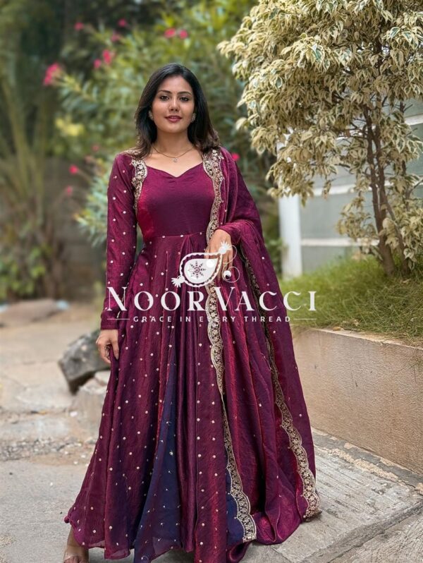 Shop Fandy Silk Embroidered Gown with Bottom and Dupatta