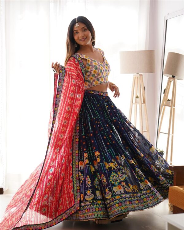 Faux Georgette Embroidered Lehengha Set with Thread, Sequin, and Digital Print Work - Image 3