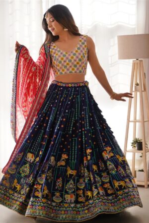 Faux Georgette Embroidered Lehengha Set with Thread, Sequin, and Digital Print Work