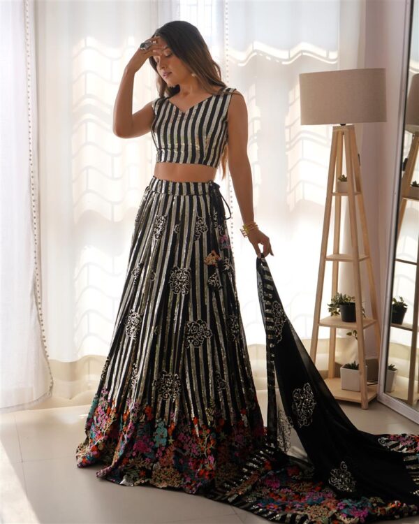 Faux Georgette Embroidered Lehengha Set with Thread and Sequin Work - Image 5