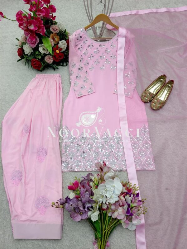 Buy Pure Natural Crepe Embroidered Top with Farshi and Twin Net Dupatta - Image 2