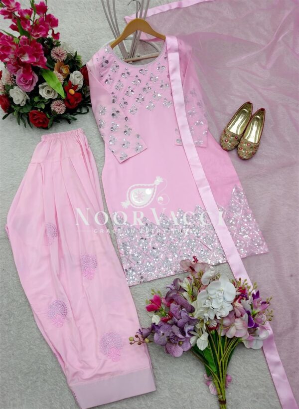 Buy Pure Natural Crepe Embroidered Top with Farshi and Twin Net Dupatta - Image 3