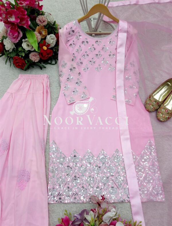 Buy Pure Natural Crepe Embroidered Top with Farshi and Twin Net Dupatta - Image 5