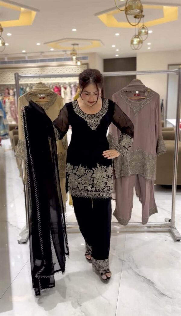 Buy Faux Georgette Embroidered Ethnic Set with Dupatta - Image 2