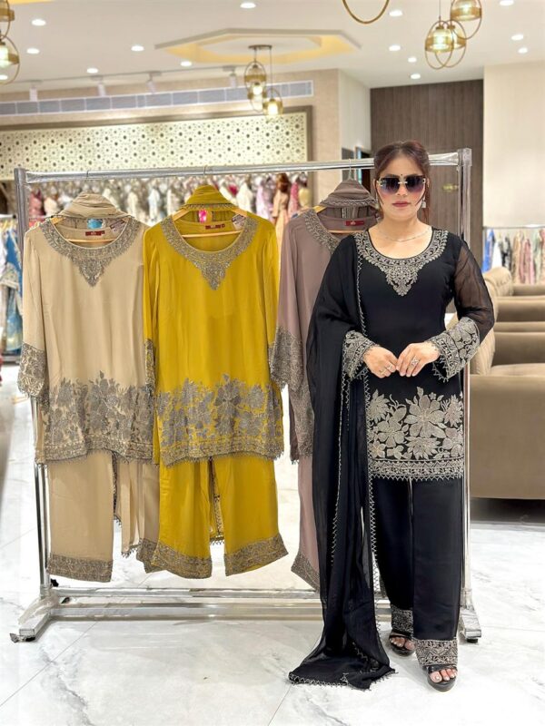 Buy Faux Georgette Embroidered Ethnic Set with Dupatta