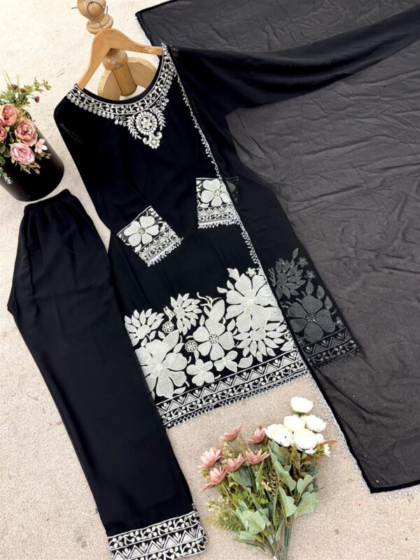 Buy Faux Georgette Embroidered Ethnic Set with Dupatta - Image 5