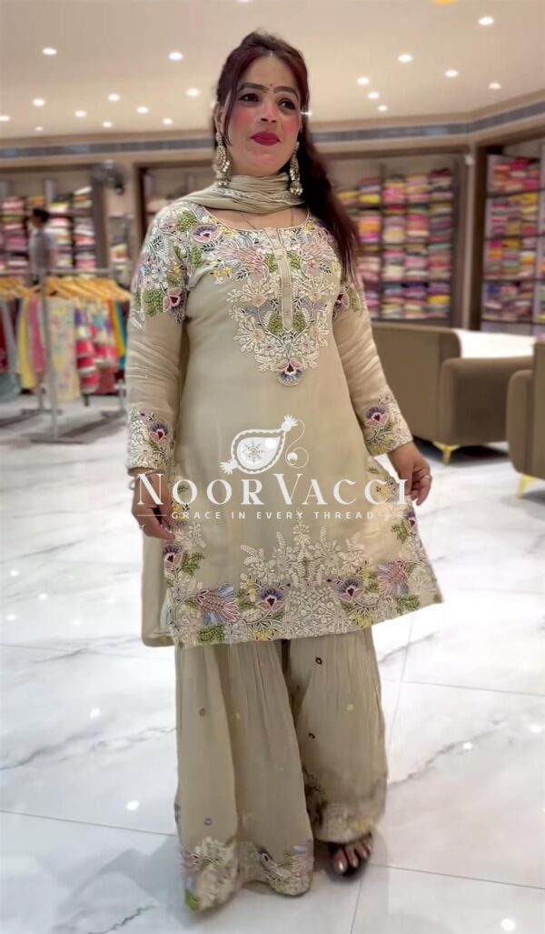 Buy Designer Embroidered Natural Crepe Top with Sharara Plazzo & Dupatta Set - Image 2
