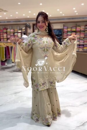 Buy Designer Embroidered Natural Crepe Top with Sharara Plazzo & Dupatta Set