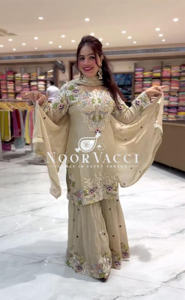 Buy Designer Embroidered Natural Crepe Top with Sharara Plazzo & Dupatta Set