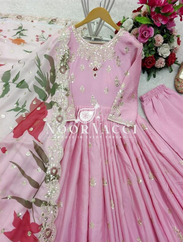 Shop Pure Satin Silk Embroidered Gown Set with Plazzo and Digital Print Dupatta - Image 8