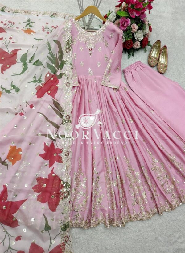 Shop Pure Satin Silk Embroidered Gown Set with Plazzo and Digital Print Dupatta - Image 4