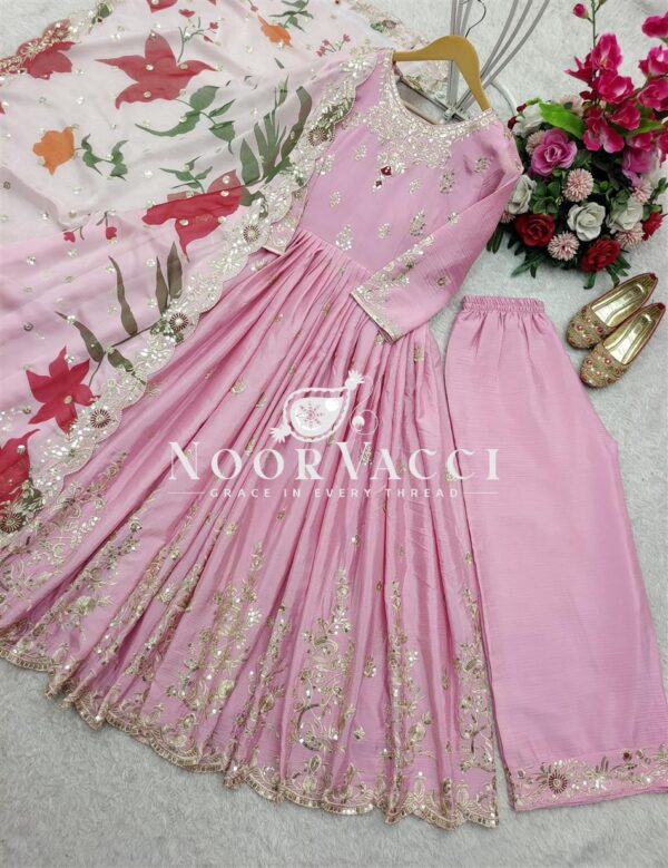 Shop Pure Satin Silk Embroidered Gown Set with Plazzo and Digital Print Dupatta - Image 5