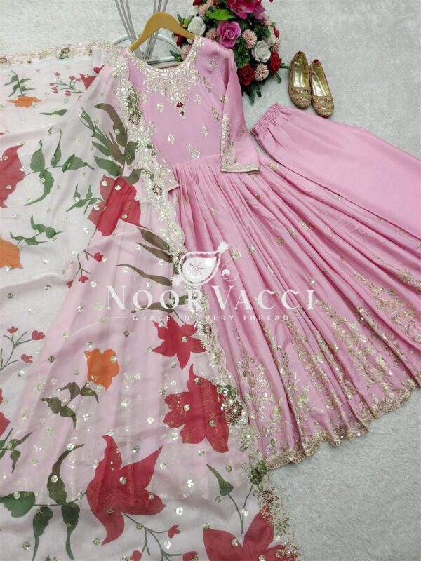 Shop Pure Satin Silk Embroidered Gown Set with Plazzo and Digital Print Dupatta - Image 6