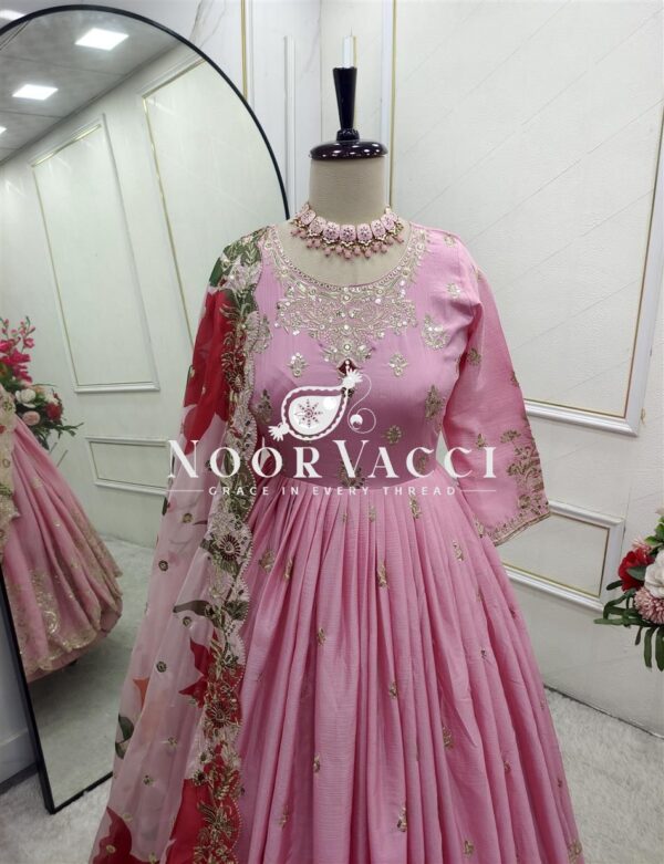 Shop Pure Satin Silk Embroidered Gown Set with Plazzo and Digital Print Dupatta - Image 9