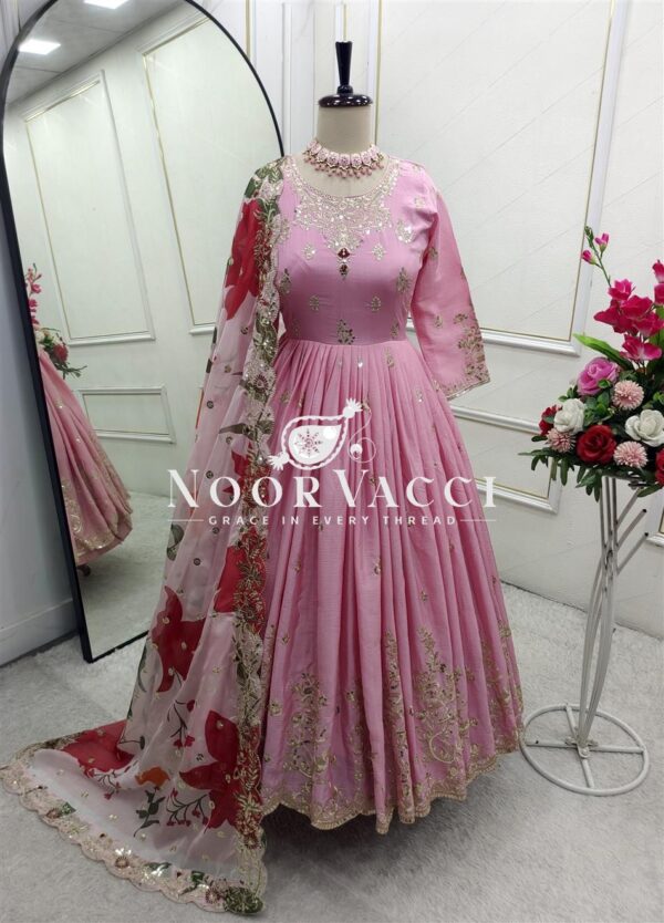 Shop Pure Satin Silk Embroidered Gown Set with Plazzo and Digital Print Dupatta - Image 7