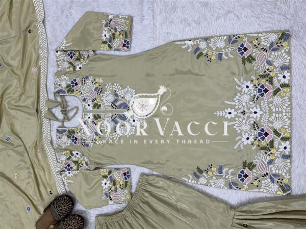 Buy Designer Embroidered Natural Crepe Top with Sharara Plazzo & Dupatta Set - Image 3