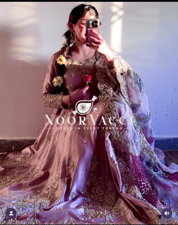 Shop Pure Satin Silk Embroidered Gown Set with Plazzo and Digital Print Dupatta - Image 2