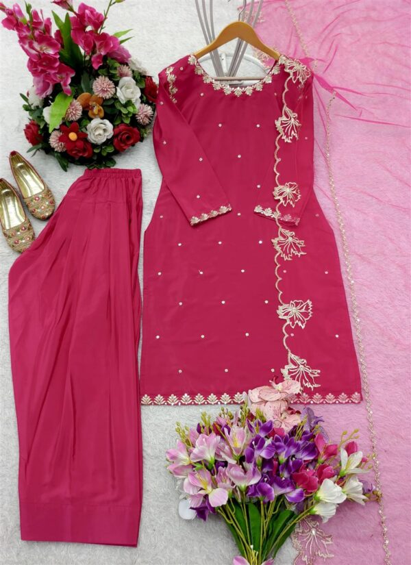 Shop Pure Natural Crepe Embroidered Farshi Suit with Soft Net Dupatta - Image 9