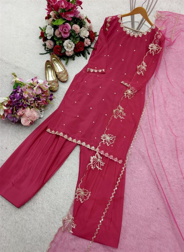 Shop Pure Natural Crepe Embroidered Farshi Suit with Soft Net Dupatta - Image 10