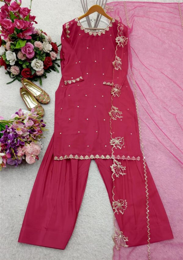 Shop Pure Natural Crepe Embroidered Farshi Suit with Soft Net Dupatta - Image 8