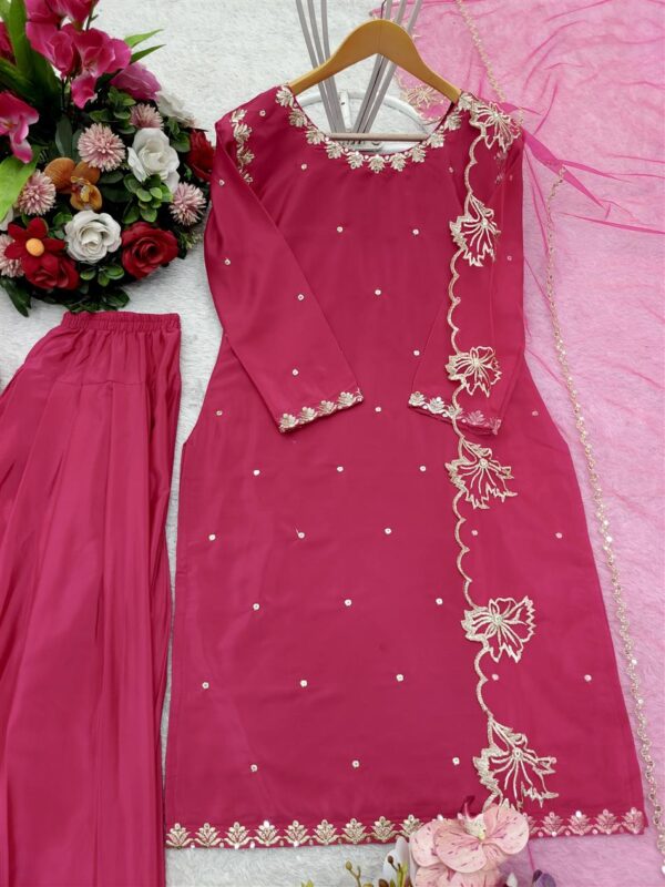 Shop Pure Natural Crepe Embroidered Farshi Suit with Soft Net Dupatta - Image 11