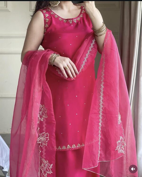 Shop Pure Natural Crepe Embroidered Farshi Suit with Soft Net Dupatta - Image 3