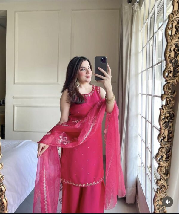 Shop Pure Natural Crepe Embroidered Farshi Suit with Soft Net Dupatta - Image 7