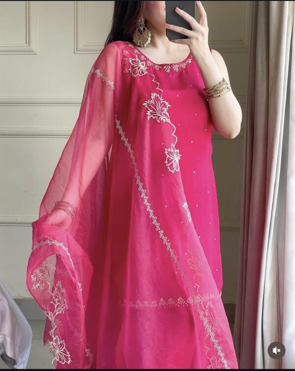 Shop Pure Natural Crepe Embroidered Farshi Suit with Soft Net Dupatta - Image 2