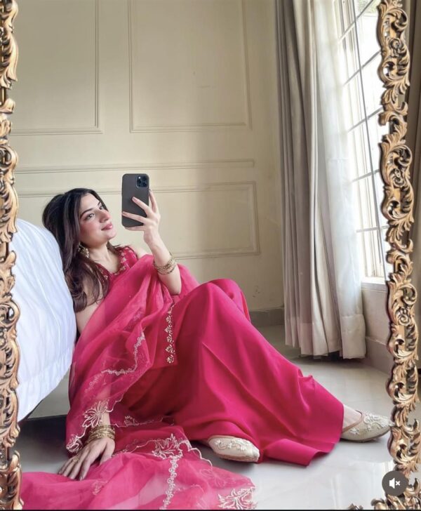 Shop Pure Natural Crepe Embroidered Farshi Suit with Soft Net Dupatta - Image 5