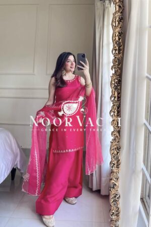 Shop Pure Natural Crepe Embroidered Farshi Suit with Soft Net Dupatta