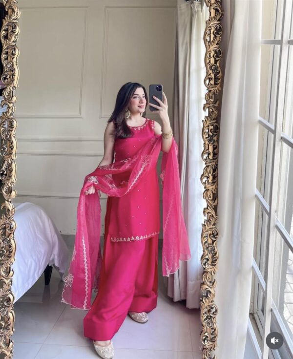 Shop Pure Natural Crepe Embroidered Farshi Suit with Soft Net Dupatta