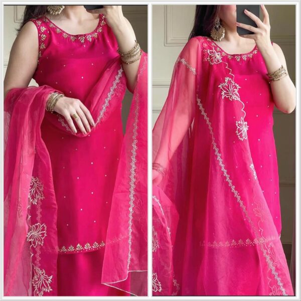 Shop Pure Natural Crepe Embroidered Farshi Suit with Soft Net Dupatta - Image 4