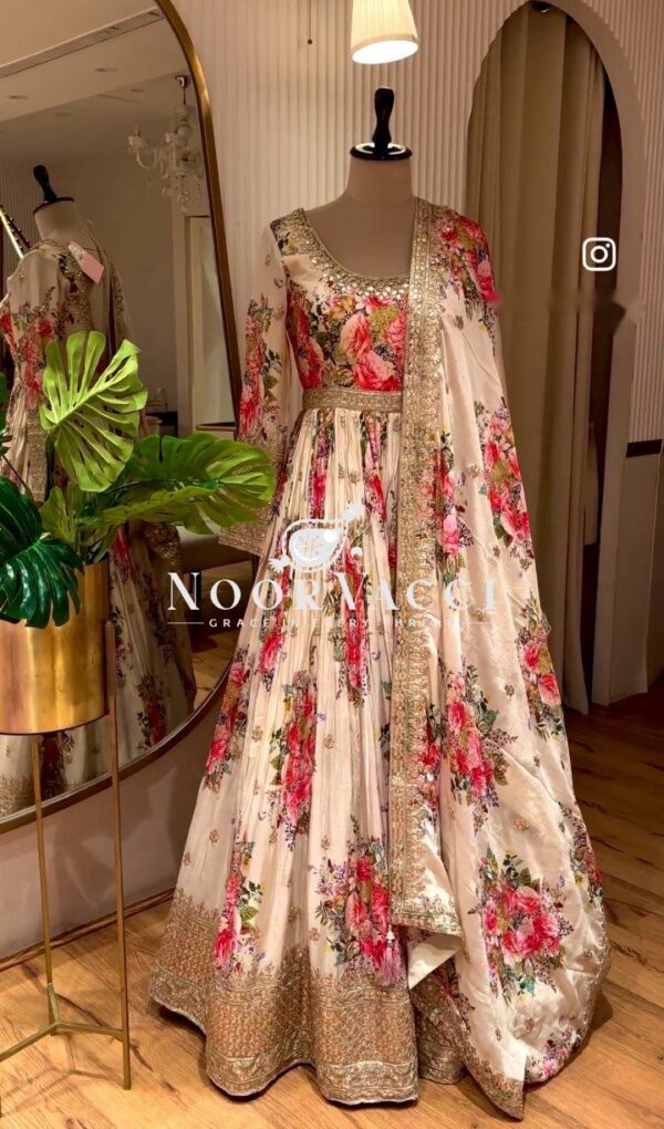 Buy Pure Satin Silk Digital Print Gown Set with Dupatta and Pant - Image 2