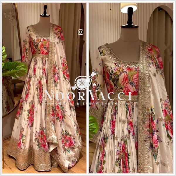 Buy Pure Satin Silk Digital Print Gown Set with Dupatta and Pant - Image 3