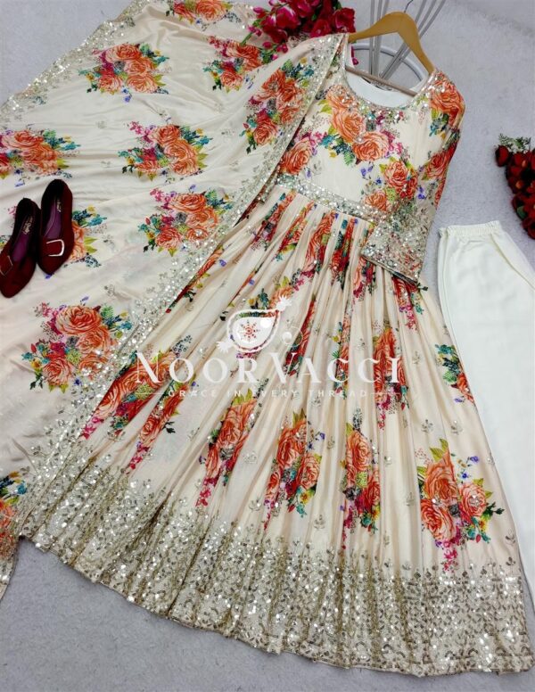 Buy Pure Satin Silk Digital Print Gown Set with Dupatta and Pant - Image 5