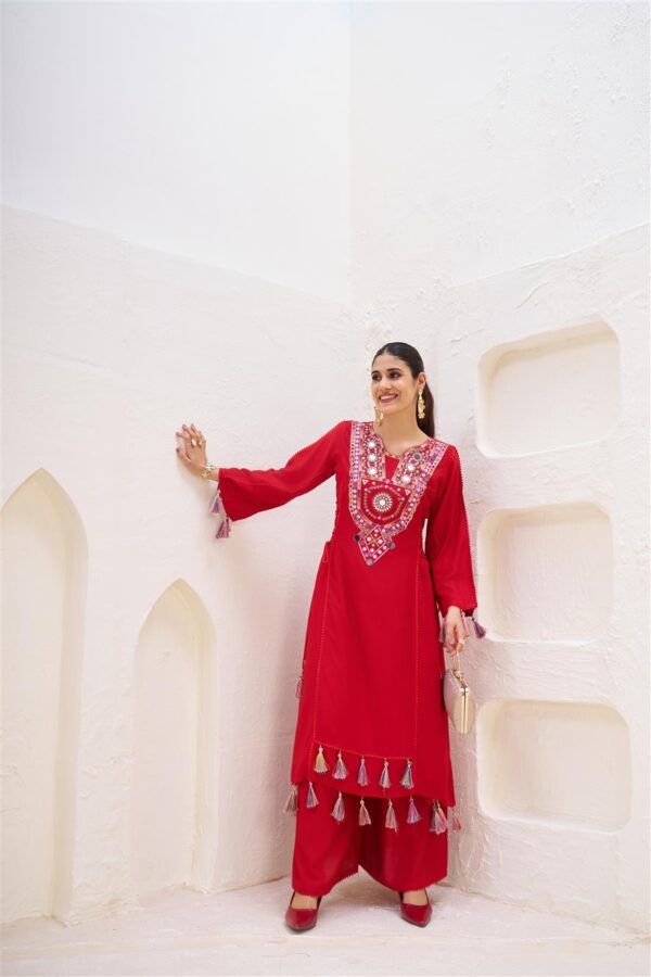 Reyon Embroidered Co-ord Set with Palazzo and Tassel Detailing - Image 4