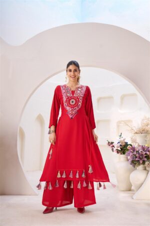 Reyon Embroidered Co-ord Set with Palazzo and Tassel Detailing
