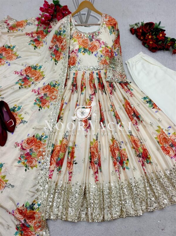 Buy Pure Satin Silk Digital Print Gown Set with Dupatta and Pant - Image 6
