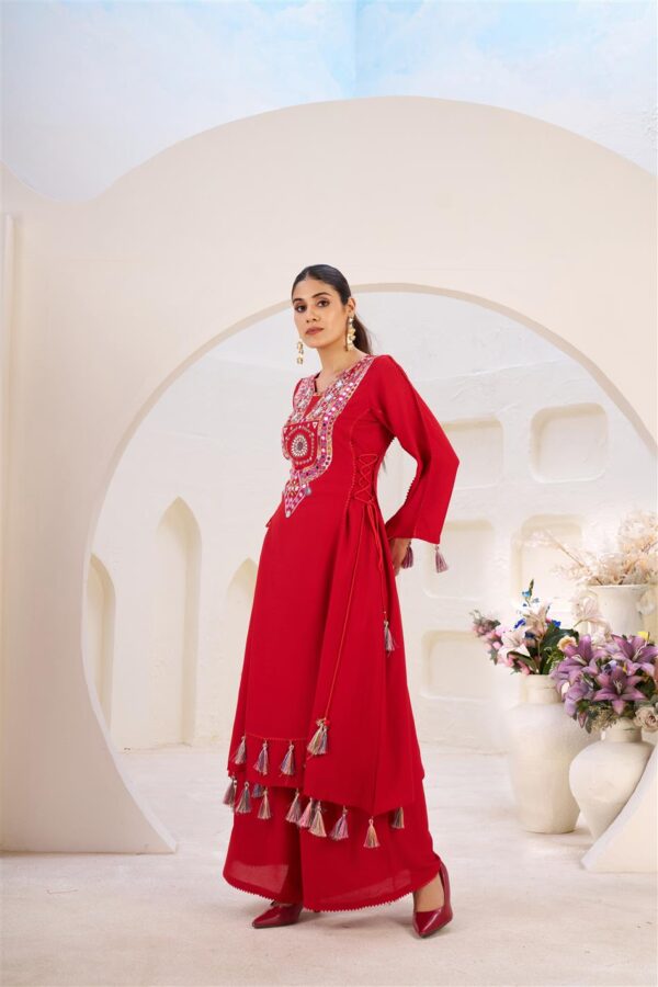 Reyon Embroidered Co-ord Set with Palazzo and Tassel Detailing - Image 5