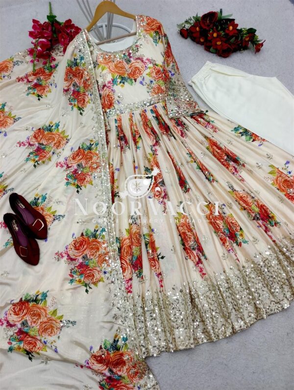 Buy Pure Satin Silk Digital Print Gown Set with Dupatta and Pant - Image 4