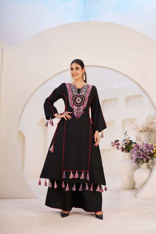 Reyon Embroidered Co-ord Set with Palazzo and Tassel Detailing