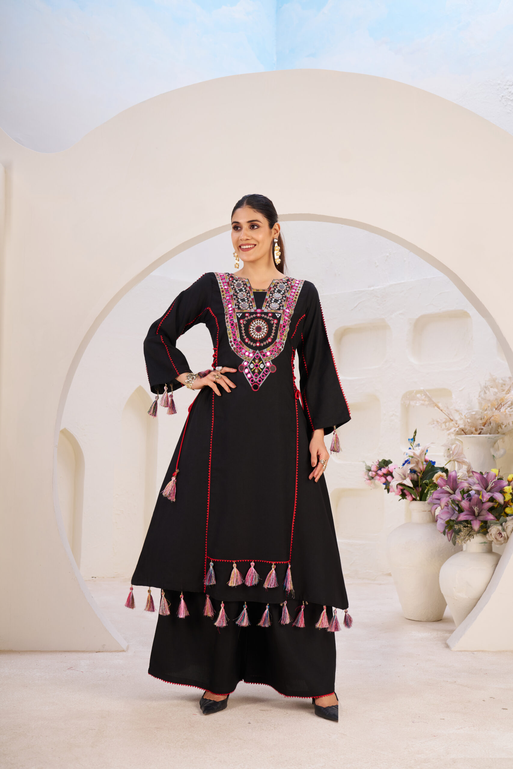 Reyon Embroidered Co-ord Set with Palazzo and Tassel Detailing
