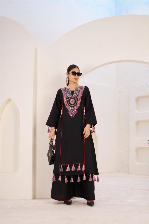 Reyon Embroidered Co-ord Set with Palazzo and Tassel Detailing - Image 2