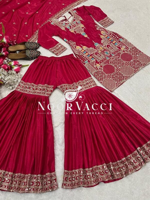 Shop Designer Chinon Silk Top with Sharara Plazzo & Dupatta Set - Image 4