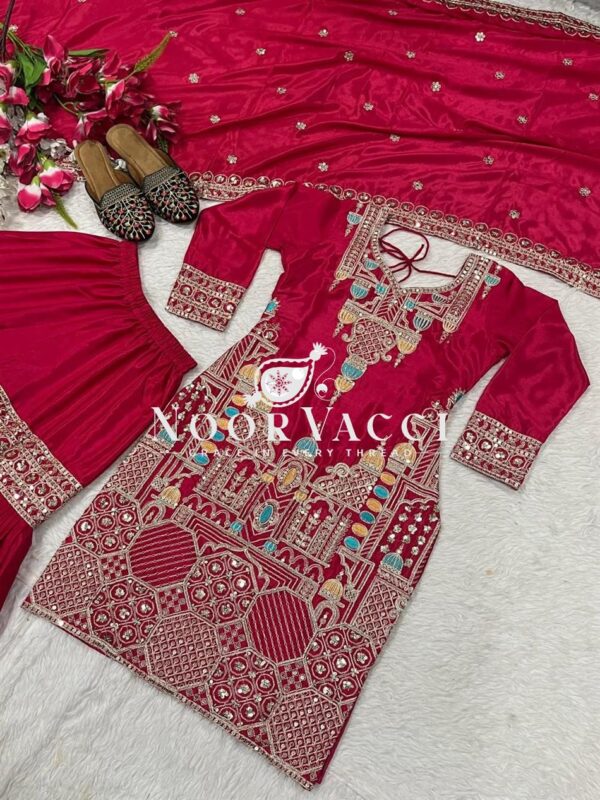 Shop Designer Chinon Silk Top with Sharara Plazzo & Dupatta Set - Image 5