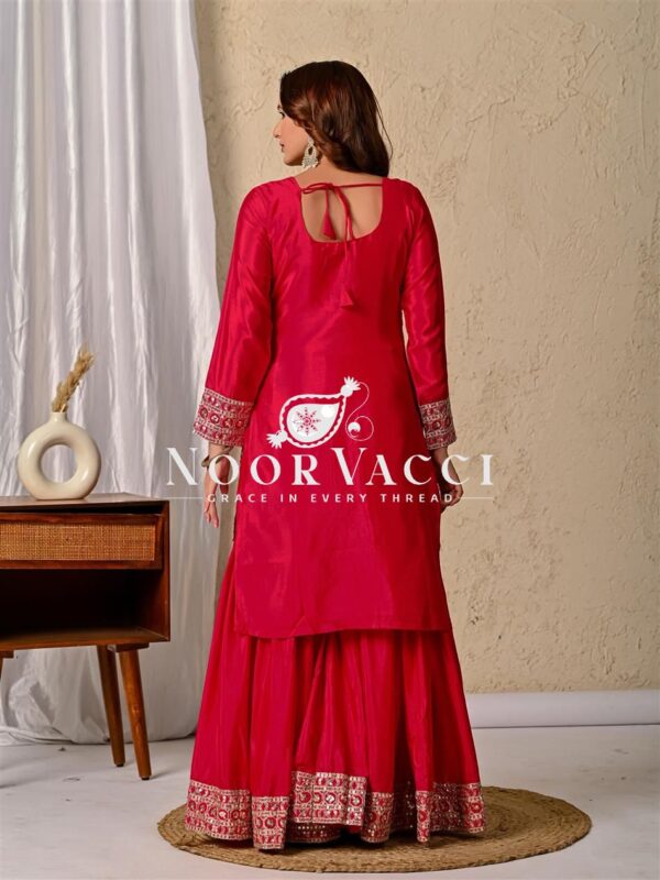 Shop Designer Chinon Silk Top with Sharara Plazzo & Dupatta Set - Image 3